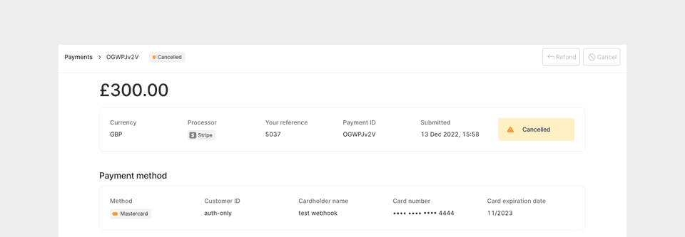 Cancelled payment details